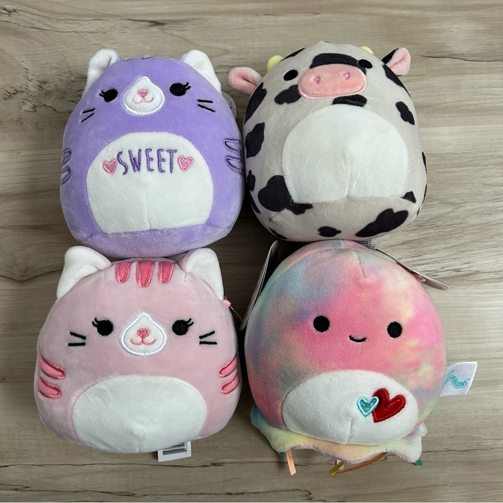 Squishmallow Lot Of 4 Colin Cow, Janet Jellyfish, Paulita Cat, & Tabitha Cat